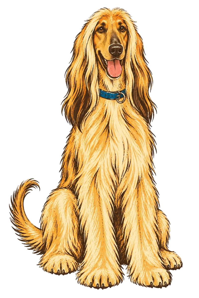 Vintage screen-print illustration representing Afghan Hound