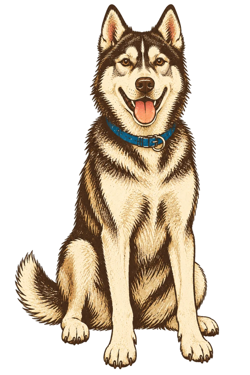Vintage screen-print illustration representing Alaskan Husky