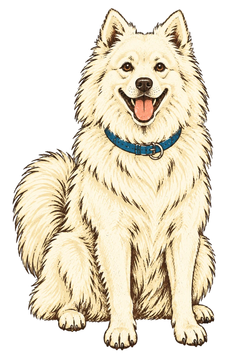 Vintage screen-print illustration representing American Eskimo Dog