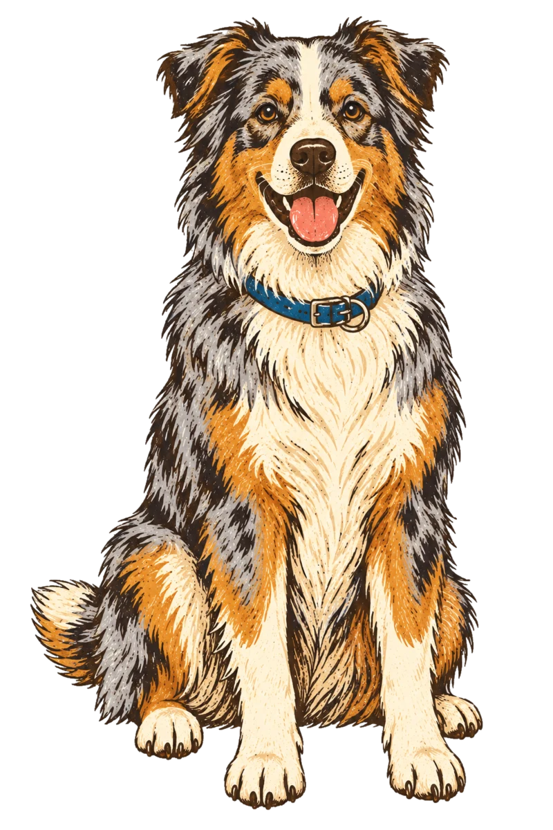 Vintage screen-print illustration representing Australian Shepherd