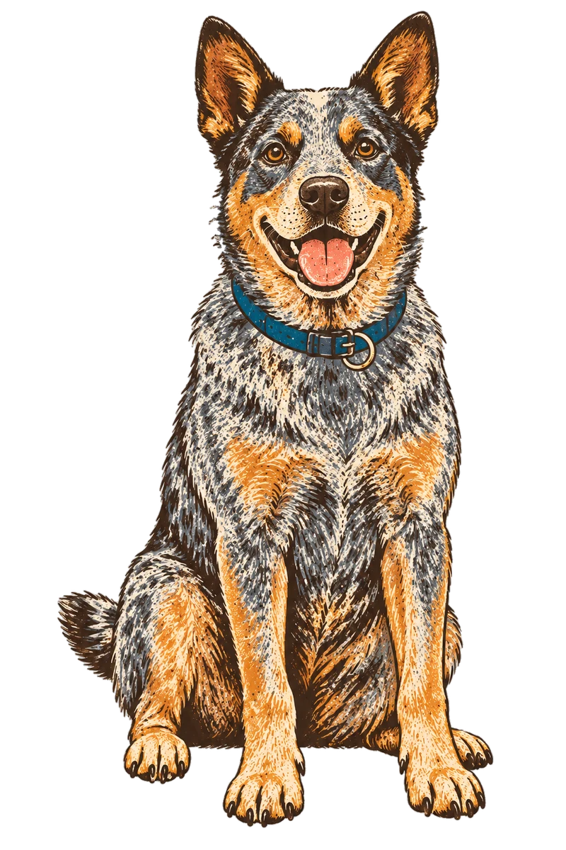Vintage screen-print illustration representing Australian Stumpy Tail Cattle Dog