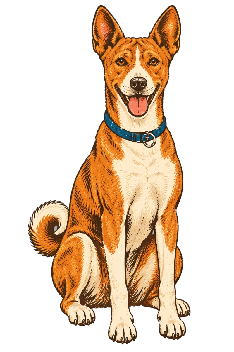 Vintage screen-print illustration representing Basenji