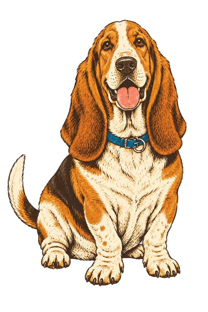 Vintage screen-print illustration representing Basset Hound