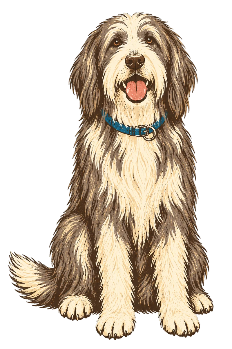 Vintage screen-print illustration representing Bearded Collie