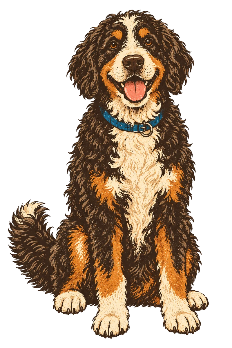 Vintage screen-print illustration representing Bernedoodle