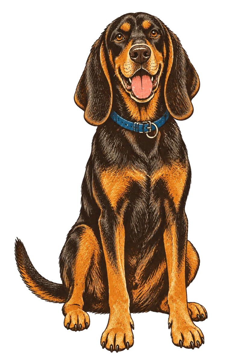 Vintage screen-print illustration representing Black and Tan Coonhound