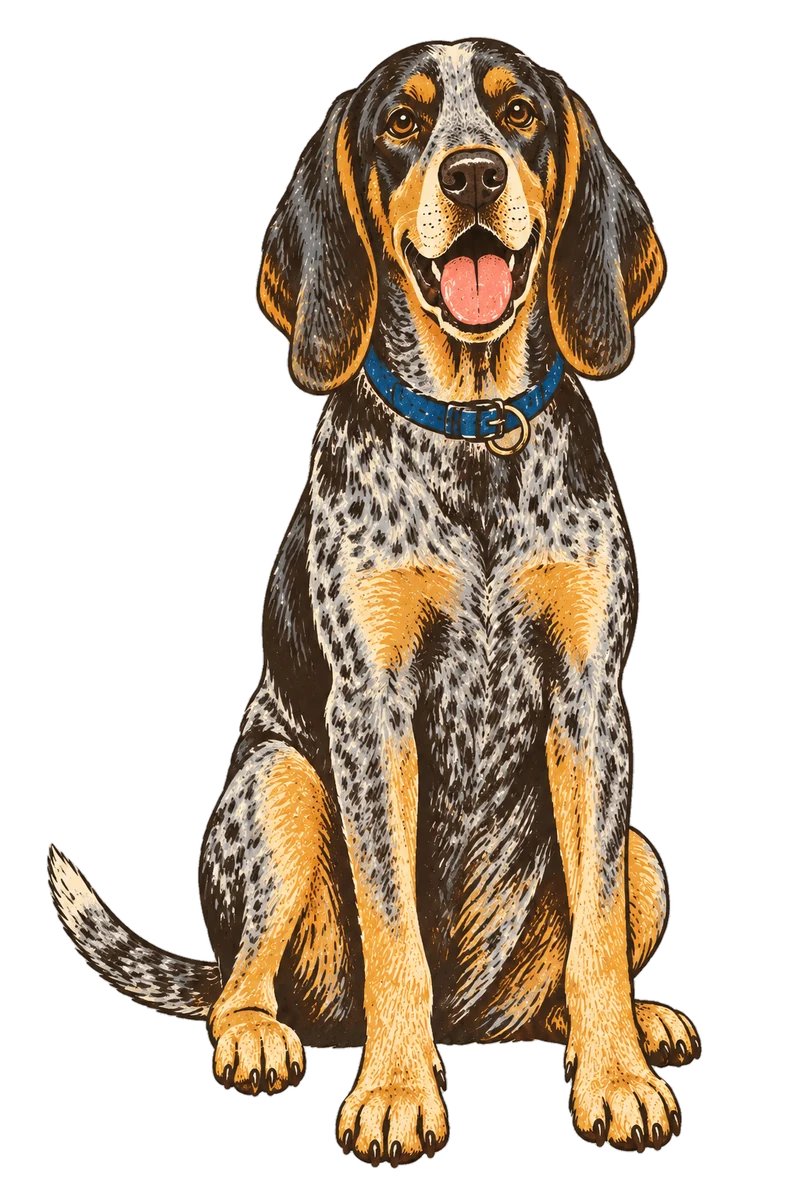 Vintage screen-print illustration representing Bluetick Coonhound