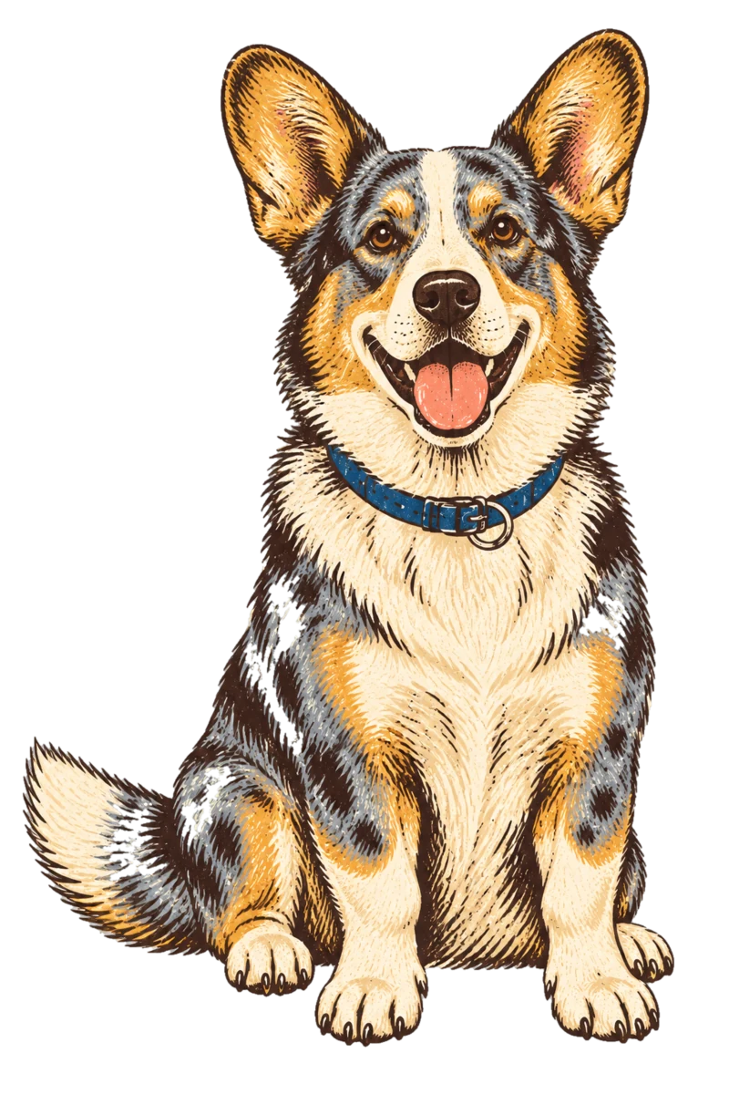 Vintage screen-print illustration representing Cardigan Welsh Corgi