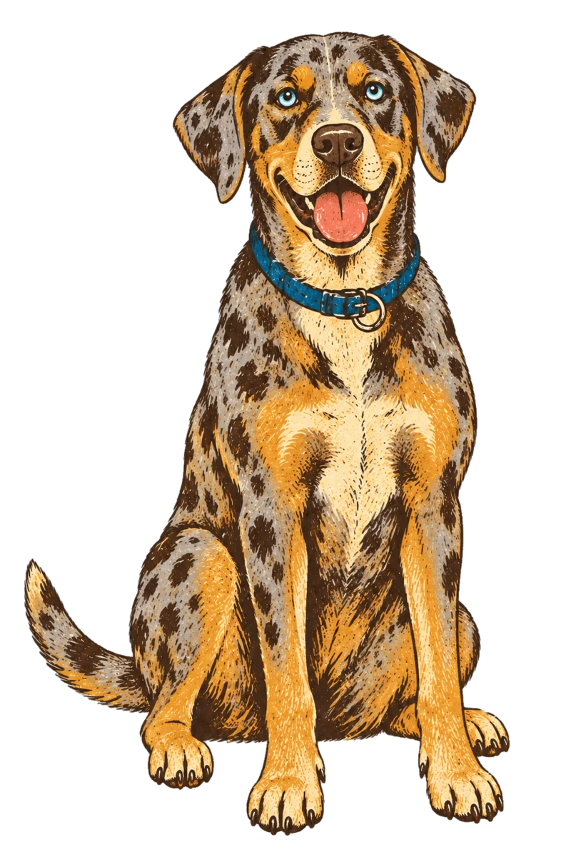 Vintage screen-print illustration representing Catahoula Leopard Dog