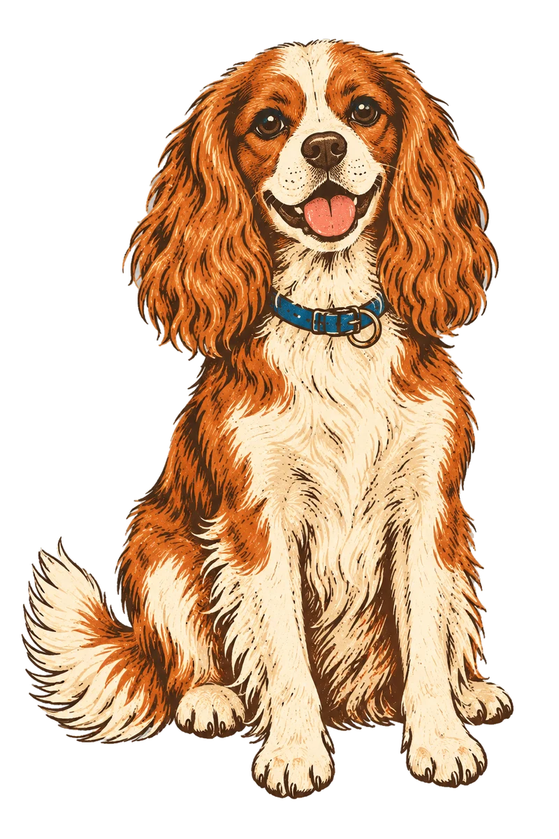 Vintage screen-print illustration representing Cavalier King Charles Spaniel