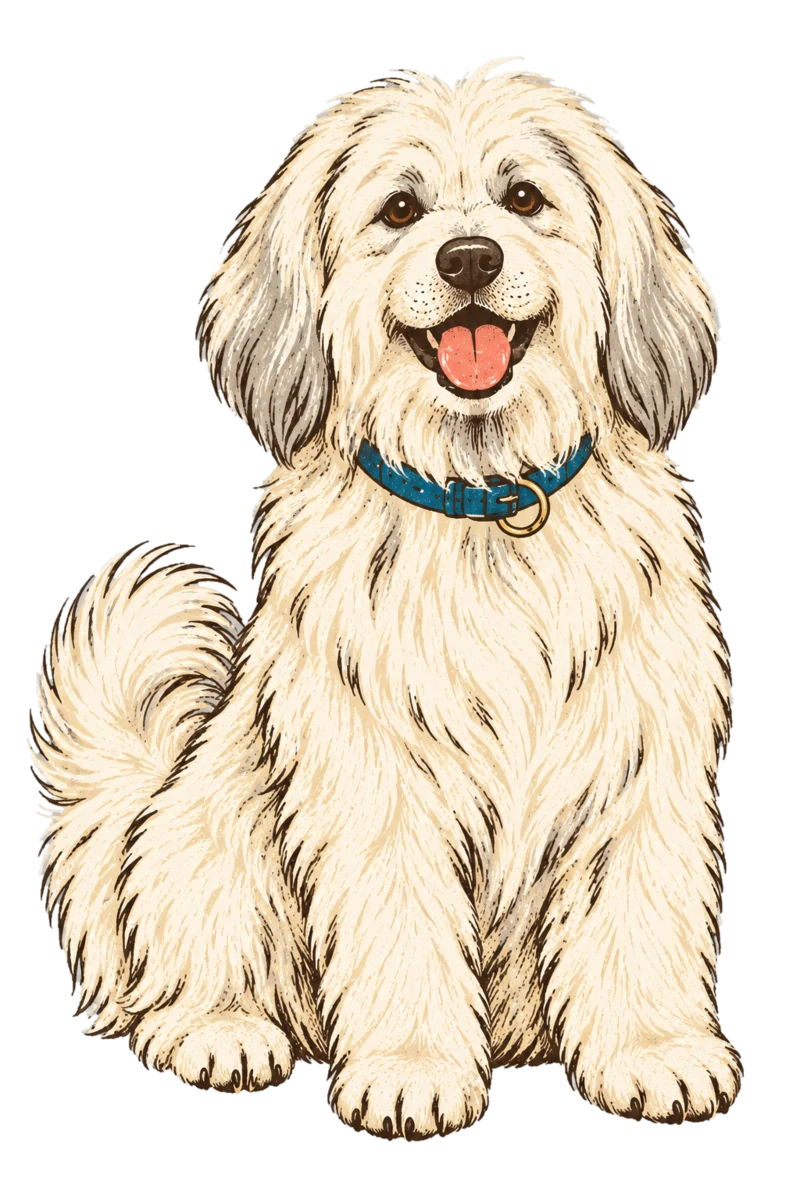 Vintage screen-print illustration representing Coton de Tulear