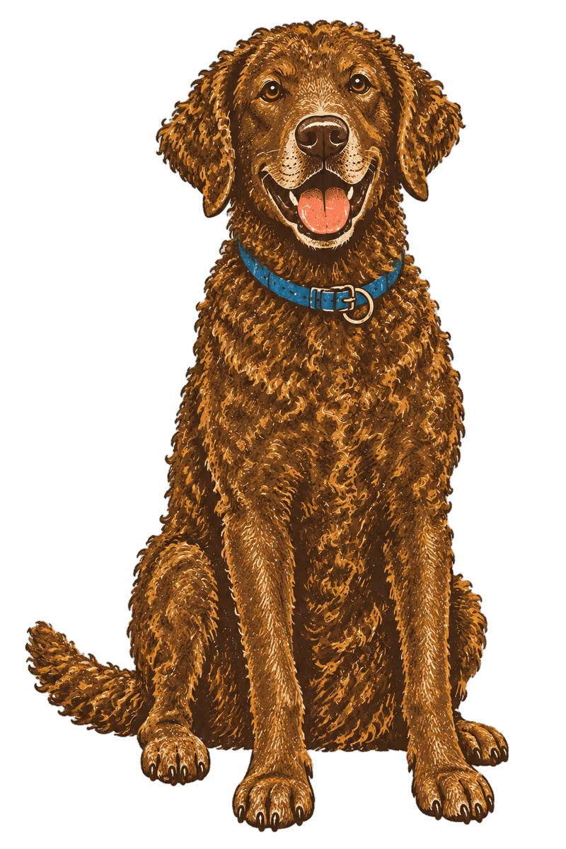 Vintage screen-print illustration representing Curly-Coated Retriever