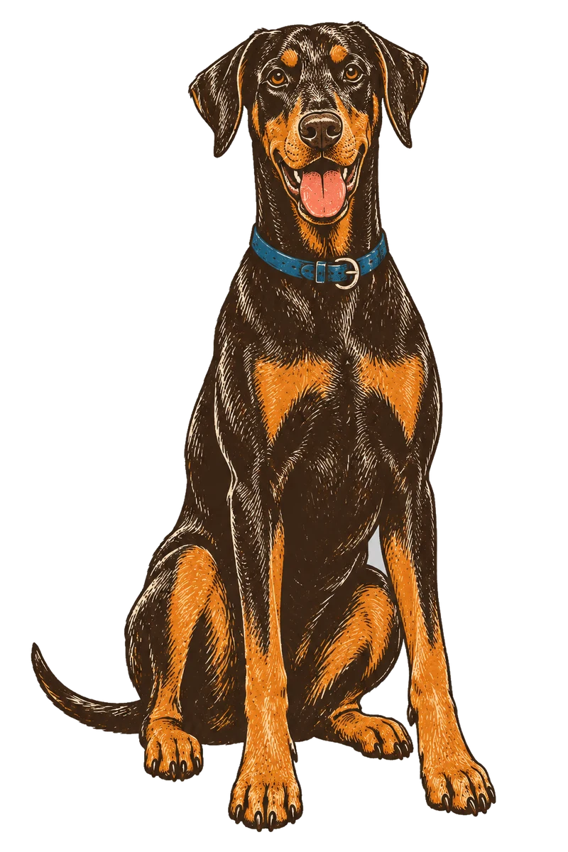 Vintage screen-print illustration representing Doberman Pinscher