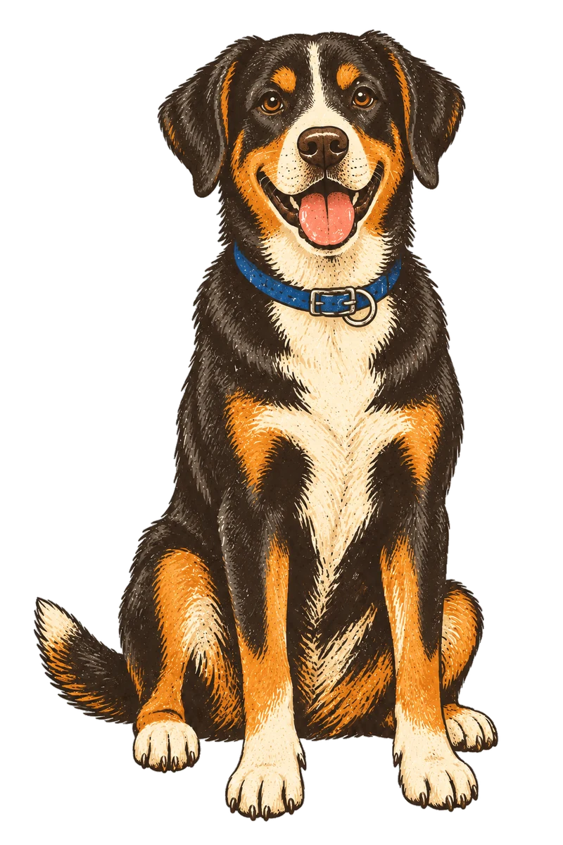 Vintage screen-print illustration representing Entlebucher Mountain Dog