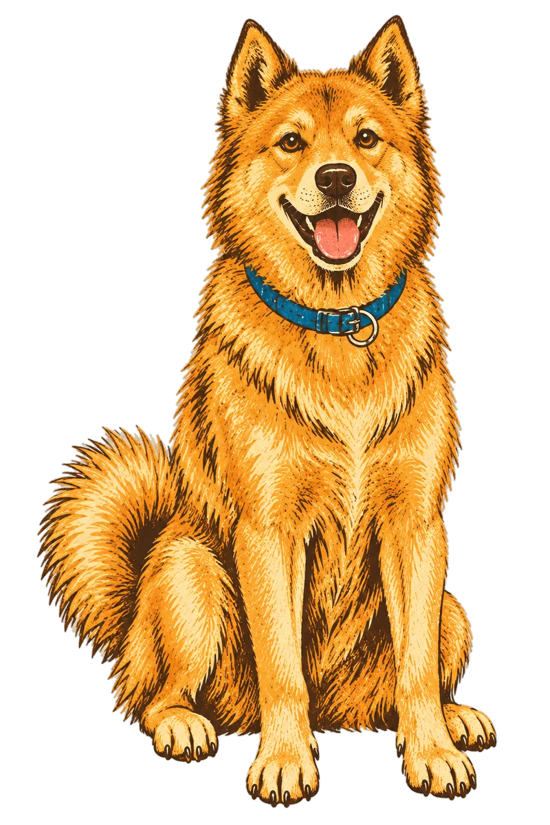 Vintage screen-print illustration representing Finnish Spitz