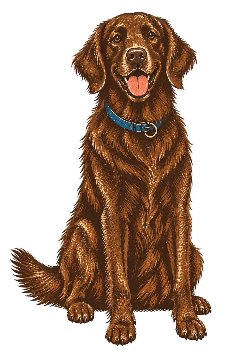 Vintage screen-print illustration representing Flat-Coated Retriever