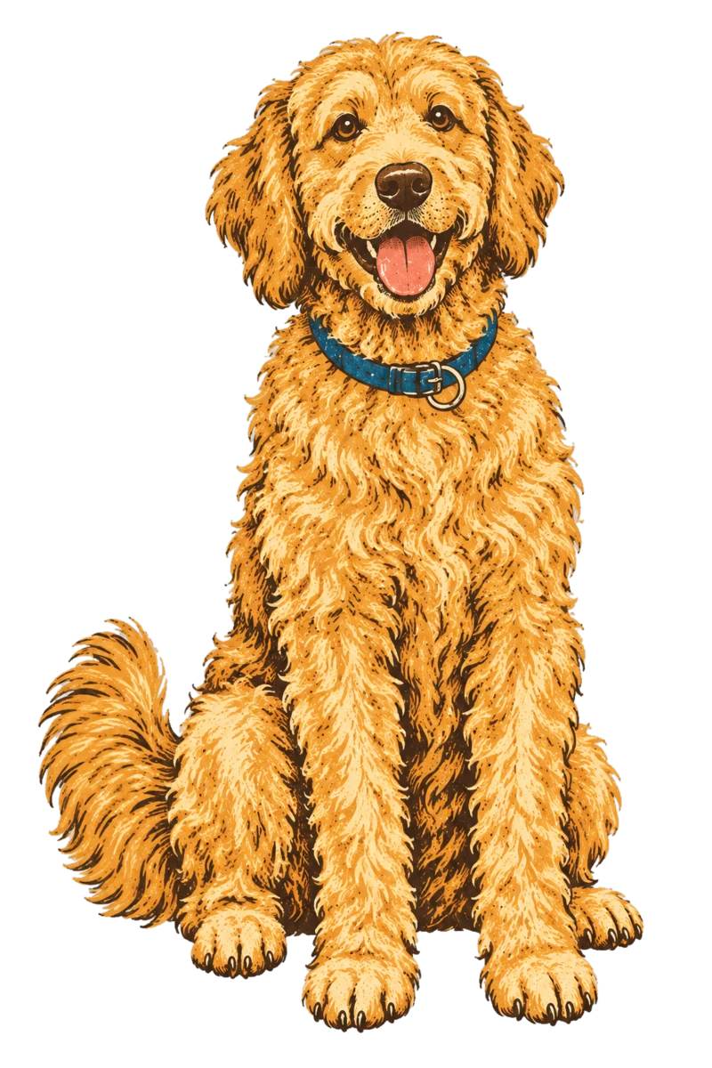 Vintage screen-print illustration representing Goldendoodle