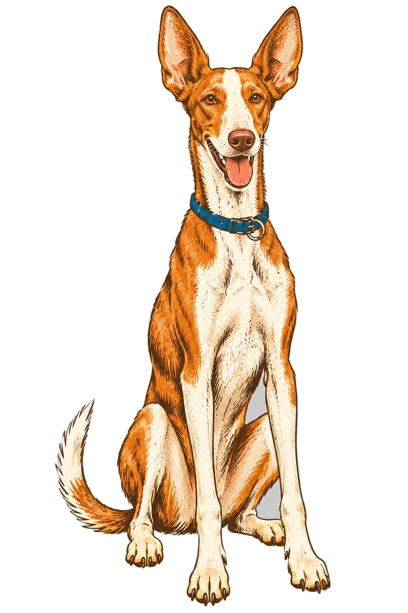 Vintage screen-print illustration representing Ibizan Hound