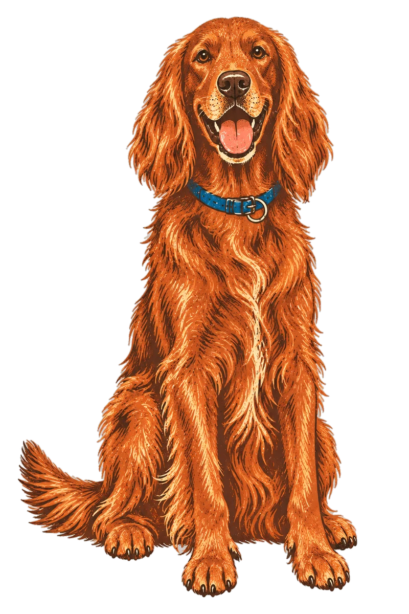 Vintage screen-print illustration representing Irish Setter