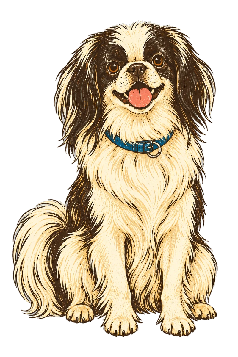Vintage screen-print illustration representing Japanese Chin