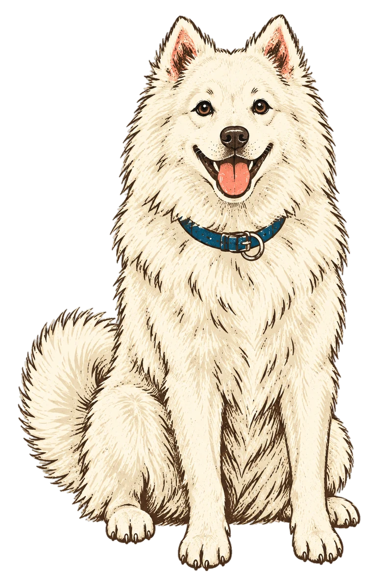Vintage screen-print illustration representing Japanese Spitz