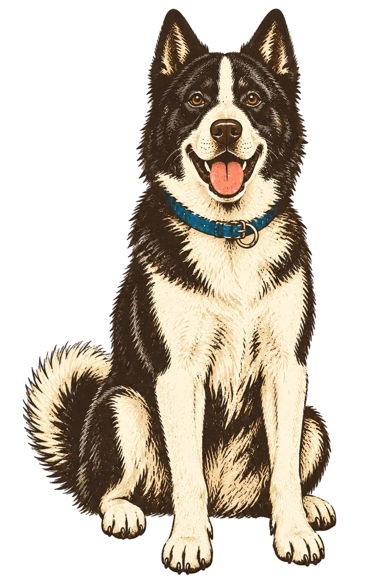 Vintage screen-print illustration representing Karelian Bear Dog