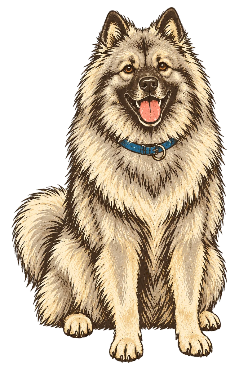 Vintage screen-print illustration representing Keeshond