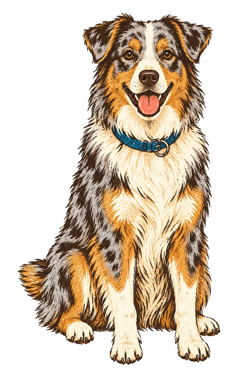 Vintage screen-print illustration representing Miniature American Shepherd