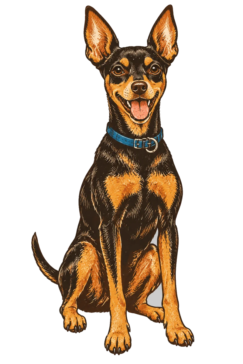 Vintage screen-print illustration representing Miniature Pinscher