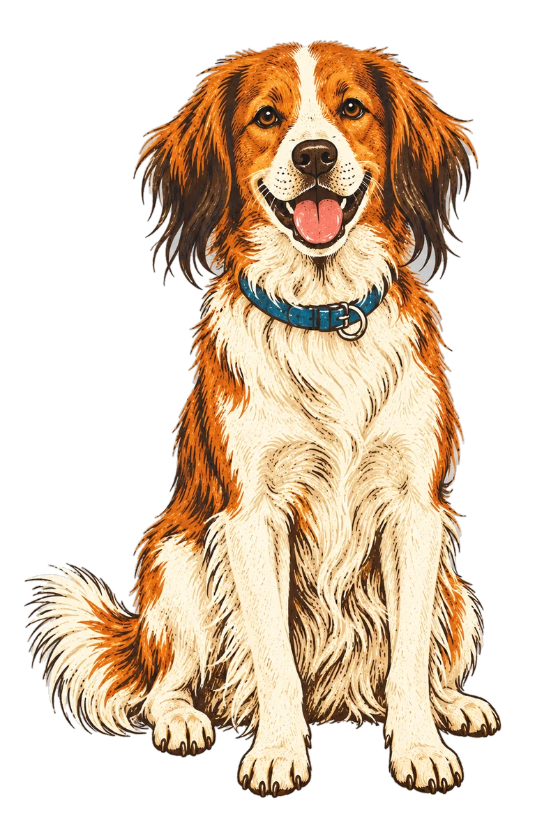 Vintage screen-print illustration representing Nederlandse Kooikerhondje