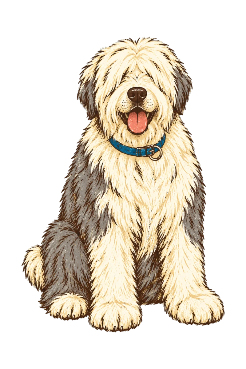 Vintage screen-print illustration representing Old English Sheepdog