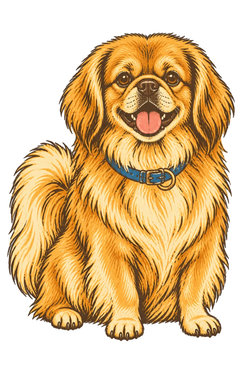 Vintage screen-print illustration representing Pekingese
