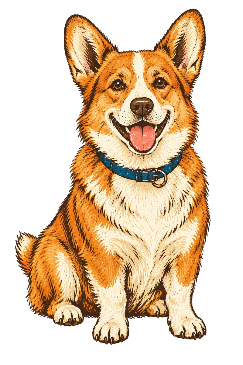 Vintage screen-print illustration representing Pembroke Welsh Corgi