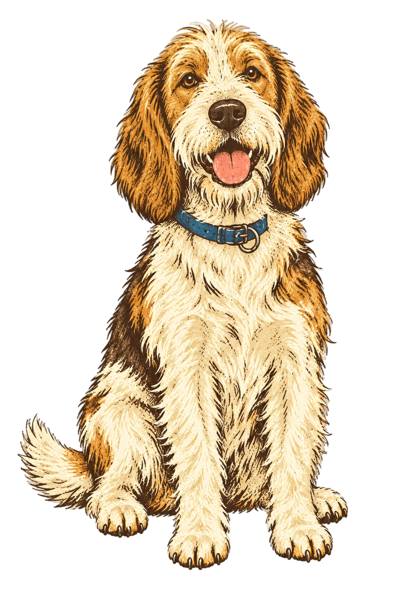 Vintage screen-print illustration representing Petit Basset Griffon Vendéen