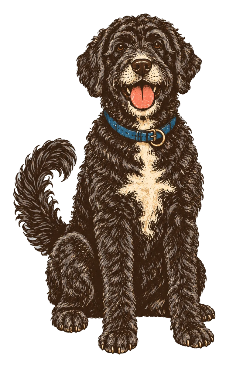 Vintage screen-print illustration representing Portuguese Water Dog
