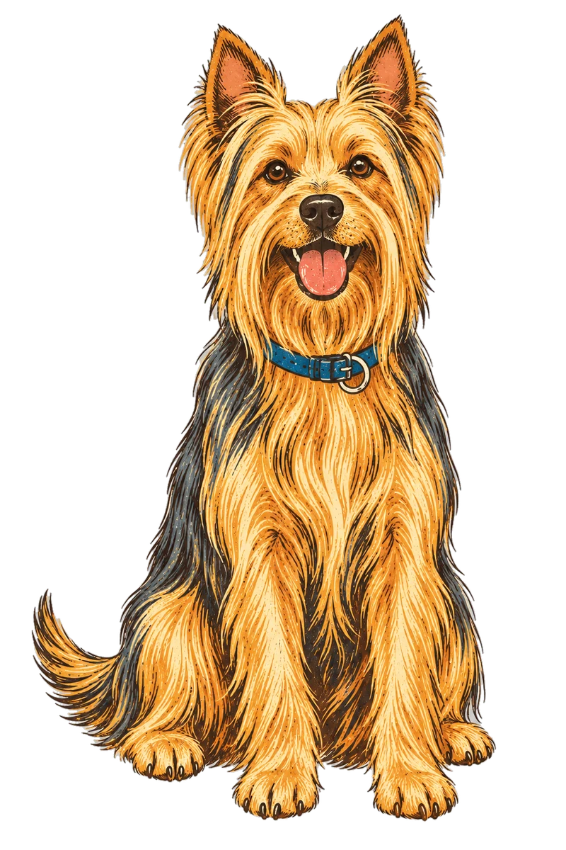 Vintage screen-print illustration representing Silky Terrier