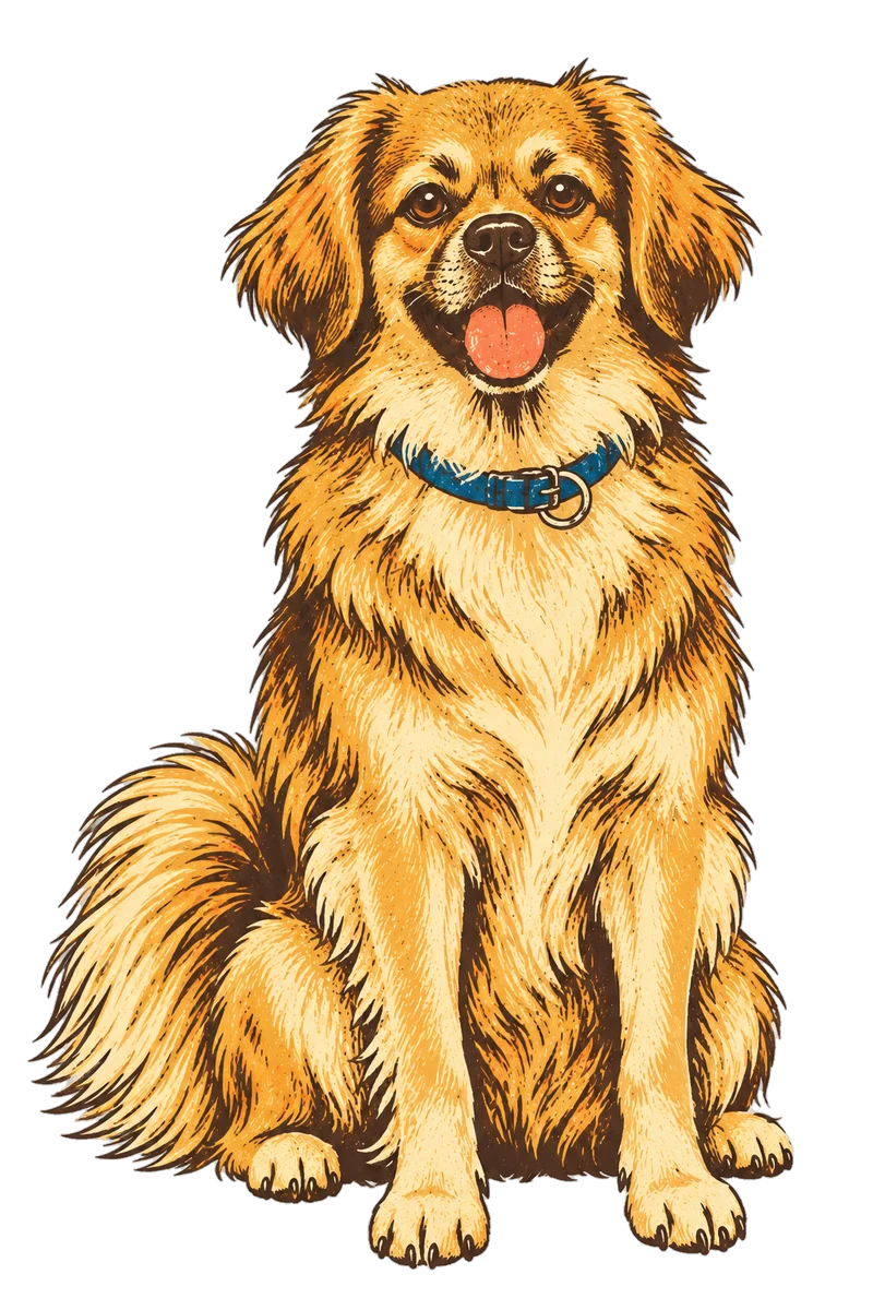 Vintage screen-print illustration representing Tibetan Spaniel