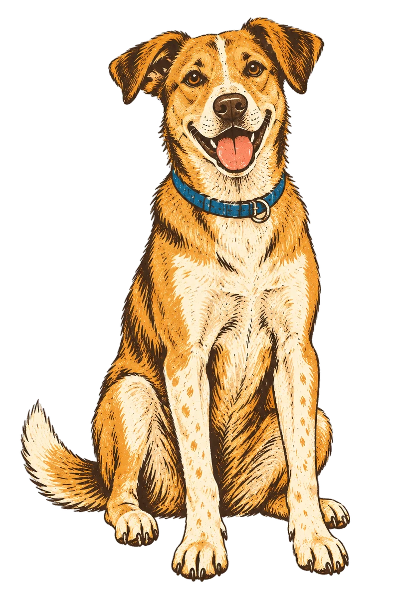 Vintage screen-print illustration representing Village Dog