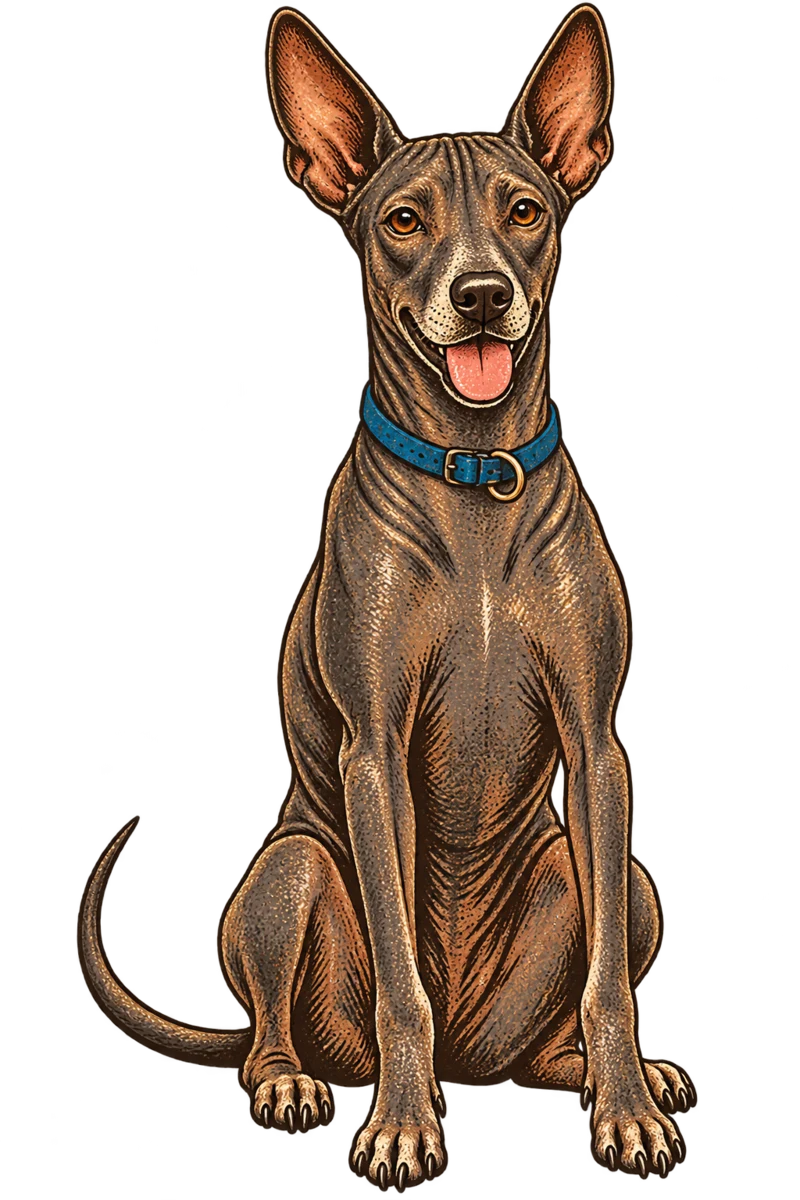 Vintage screen-print illustration representing Xoloitzcuintli